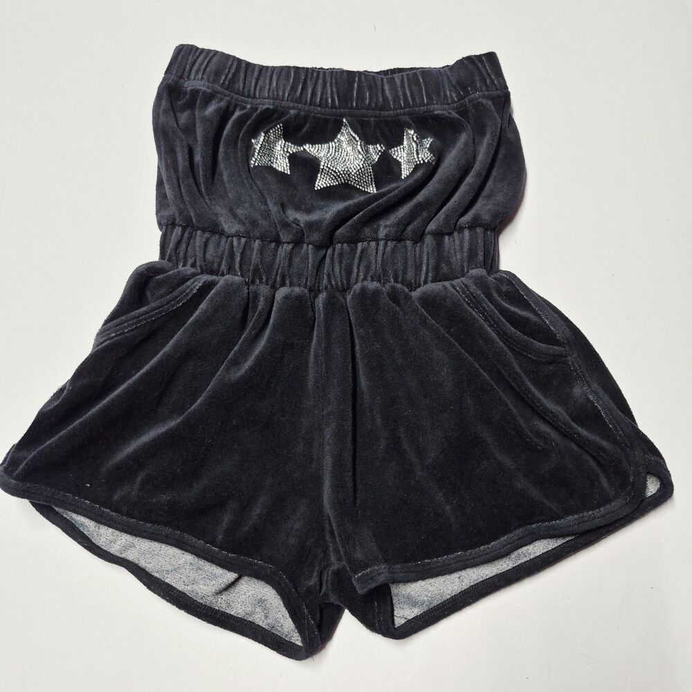 Club Exx Dolls Kill Black Velour Rhinestone Star Tube Romper Strapless Shorts XS